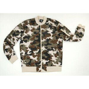 Jay Walker Camo Bomber Jacket Gold Zippers Ruched Sleeves Mens Large EUC